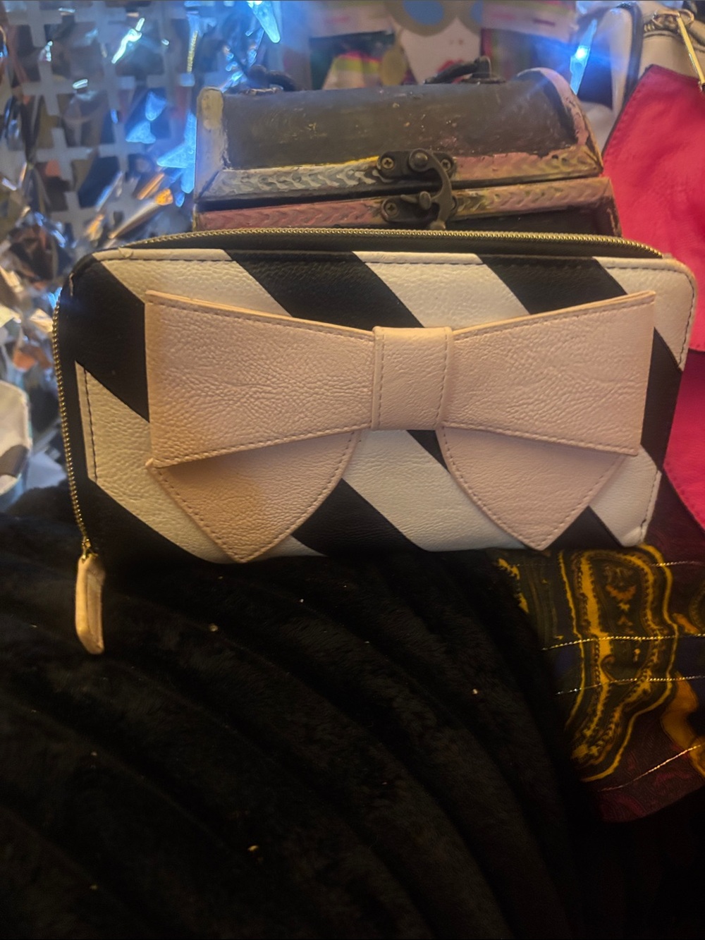 Betsey Johnson Black & White Striped Wallet with Light Pink Bow